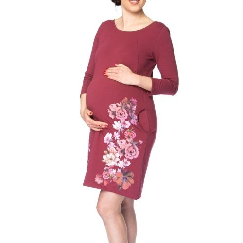 sukienka ciążowa na wesele w kwiaty purpurowa